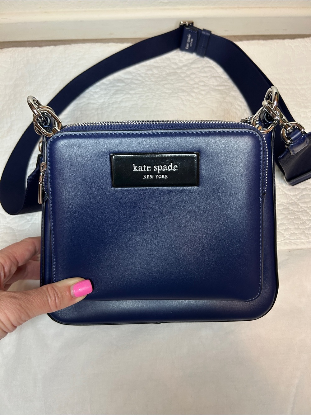 kate spade navy leather crossbody dual with silver hardware nwt
